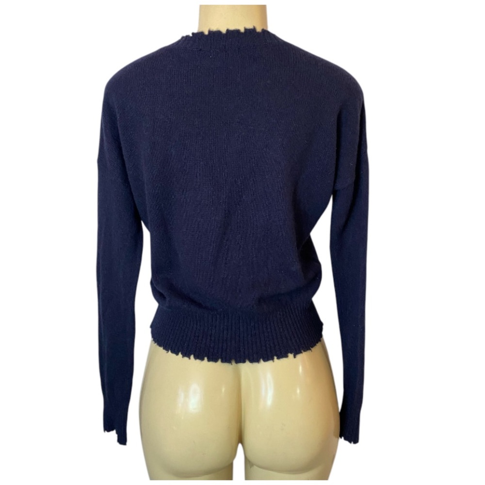 Minnie Rose Cashmere Frayed Edge Cropped Crew Neck Sweater Navy Blue Sz Small - Picture 3 of 6
